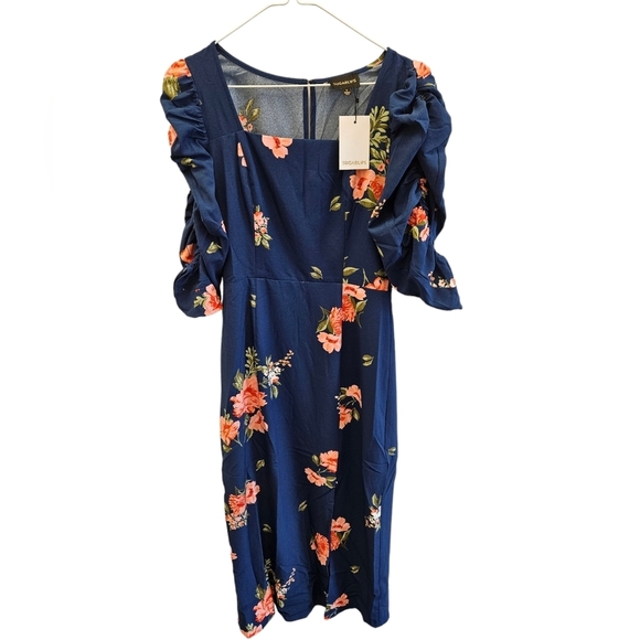 Vici SugarLips Life is Peachy Blue Floral Ruched Puff Sleeve Midi Dress NEW - Picture 5 of 6